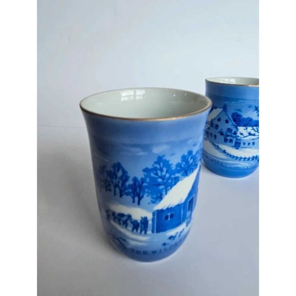 Vintage Currier & Ives Blue and White Mugs Winter Scenes